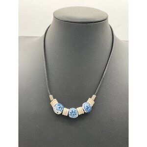 Blue & White Ceramic Beaded Necklace With Black Cord & Metal Hook Clasp